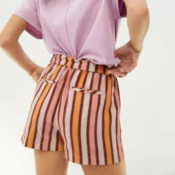 ANTHROPOLOGIE Women's High Waisted Belted Yarn Dye Pull On Shorts - Picture 3 of 6
